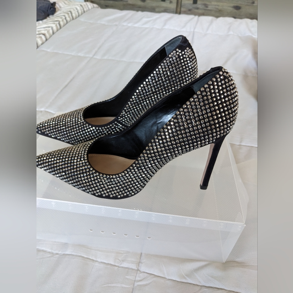 Schutz Lou Crystal Pointed Toe Pumps Black Silver Crystals New Size 7.5